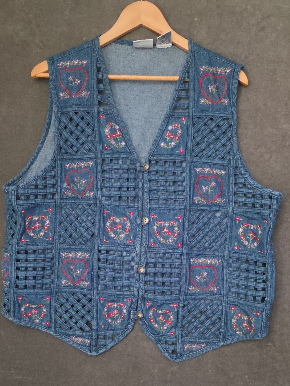 Bobbie Brooks XL Blue Denim Embroidered Patchwork Silver Metal Buttons Tie Vest